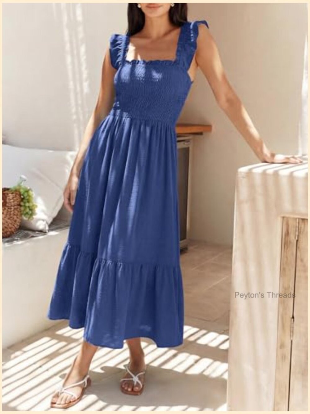 Womens Summer Casual Maxi Dress Ruffle Spaghetti Strap Smocked Long Dress - Picture 5 of 7
